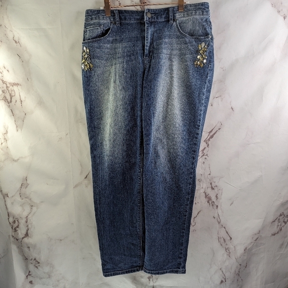 Chicos Jean Women 8 1 Girlfriend Denim Platinum Ankle Gem Rhinestone Bejeweled - Picture 1 of 11